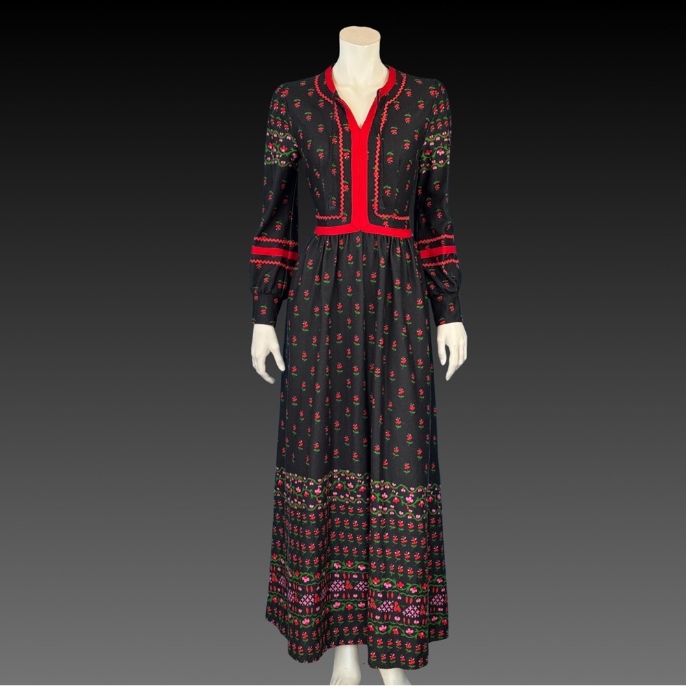 Vintage 1970s Bohemian Black Prairie Folk Dress with Red Trim / S